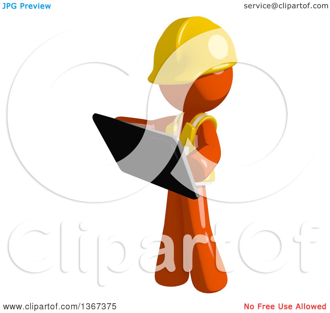 1080x1024 Clipart Of An Orange Man Construction Worker Using A Tablet