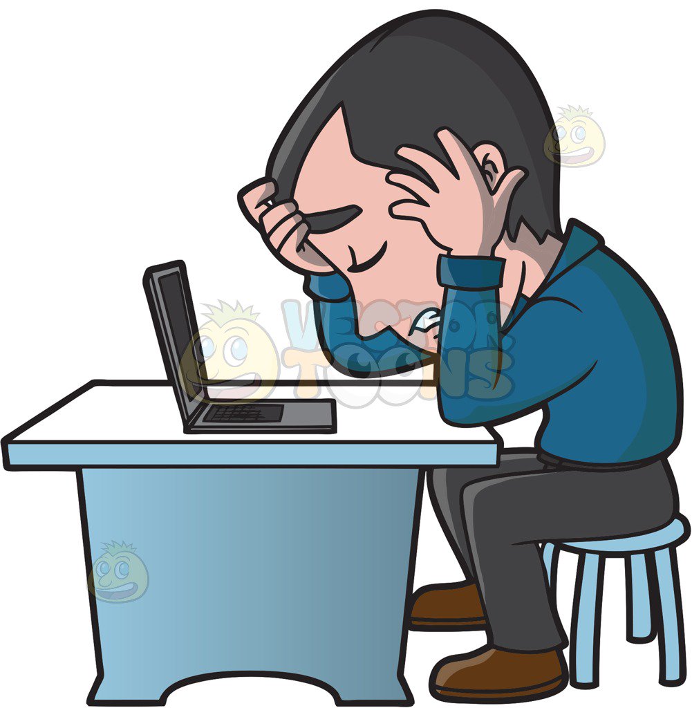 1001x1024 A Frustrated Man Working On His Computer Cartoon Clipart