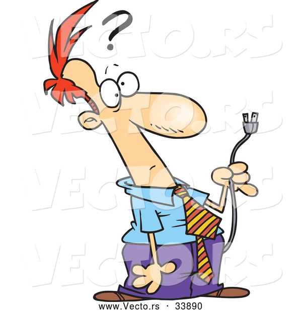 600x620 Vector Of A Cartoon Confused Businessman Holding An Electric Plug