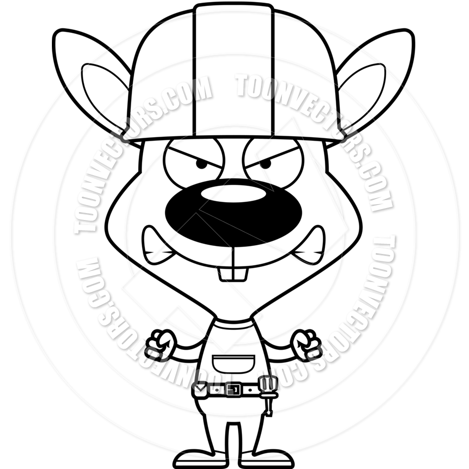 940x940 Cartoon Angry Construction Worker Bunny (Black And White Line Art