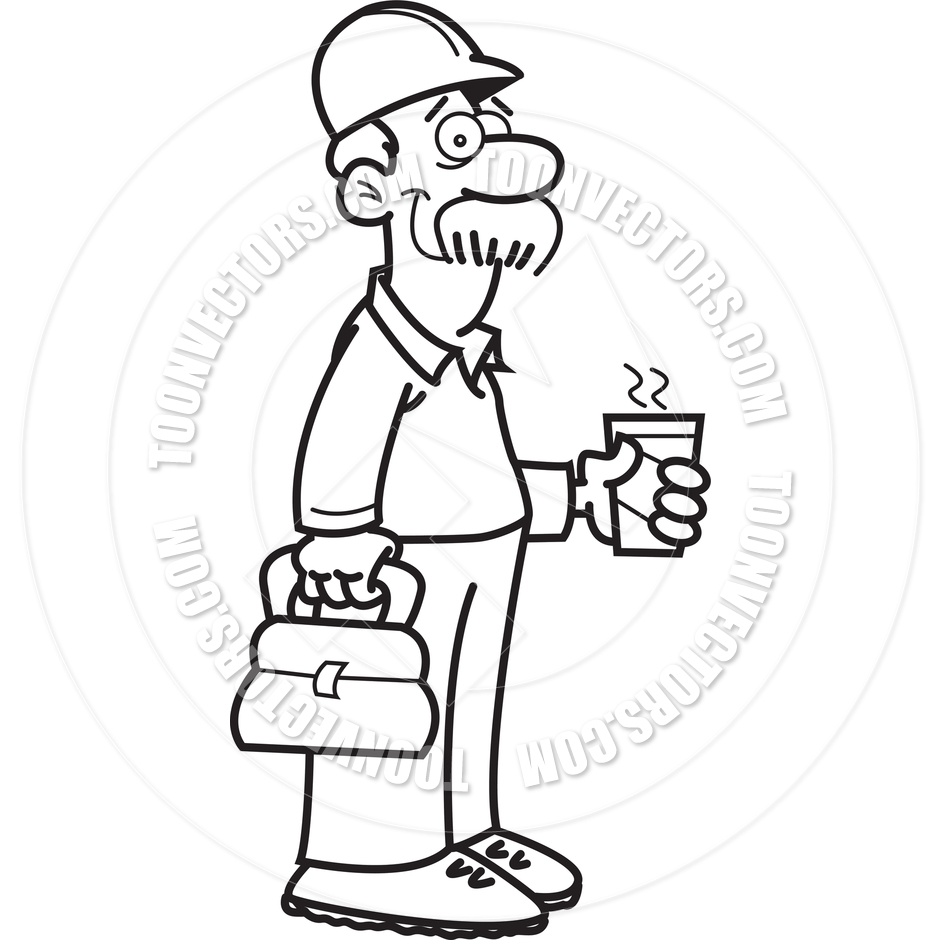 940x940 Cartoon Construction Worker (Black And White Line Art) By