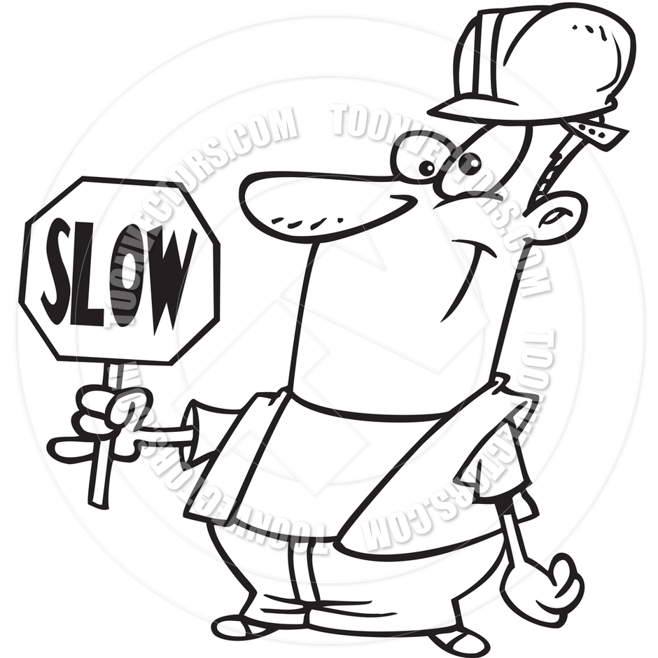 940x940 Cartoon Construction Worker Flagman (Black And White Line Art) By