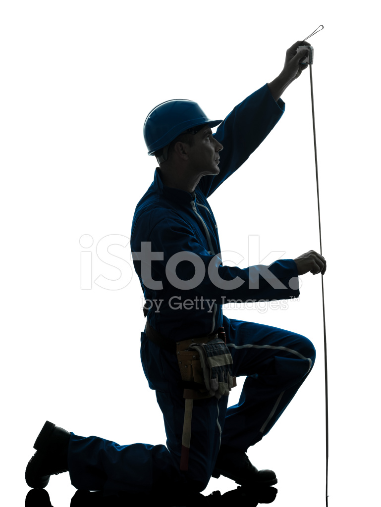 769x1024 Man Construction Worker Holding Tape Measure Silhouette Stock