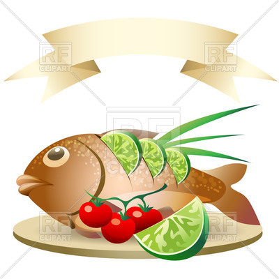 400x400 Cooked Fish With Blank Banner Royalty Free Vector Clip Art Image