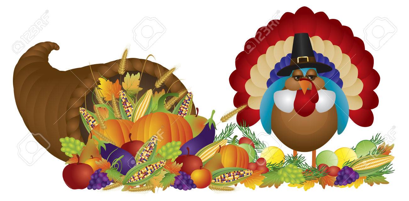 1300x639 Cornucopia With Bountiful Fall Harvest And Pilgrim Turkey Isolated