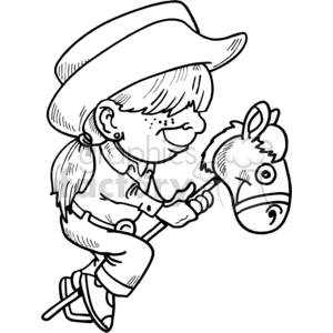 300x300 Royalty Free Black And White Little Cowgirl Riding A Pogo Horse