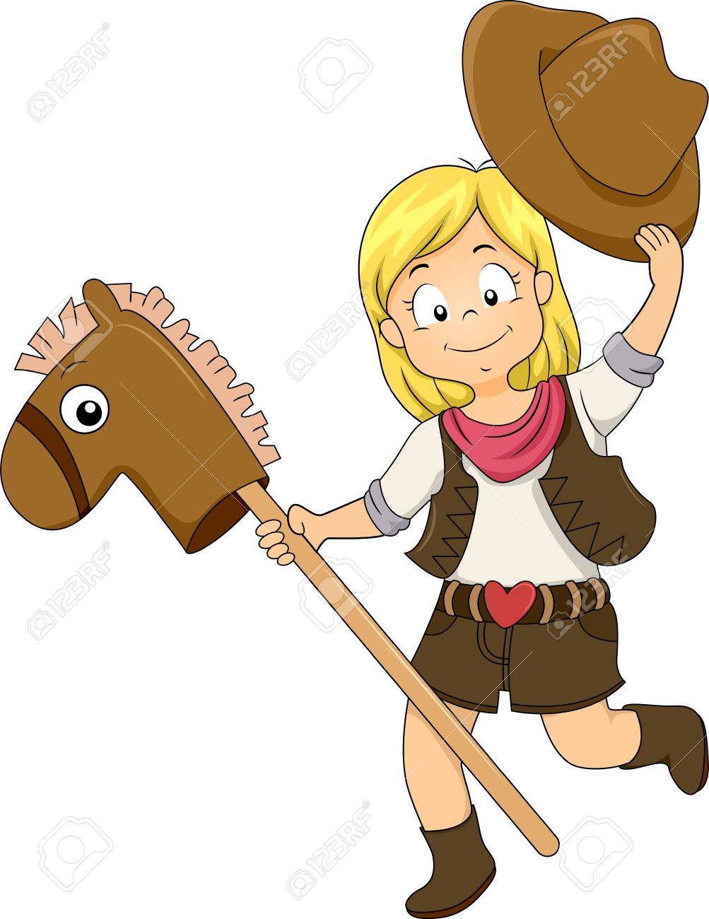 1003x1300 Illustration Of A Kid Cowgirl Riding A Toy Horse Stock Photo