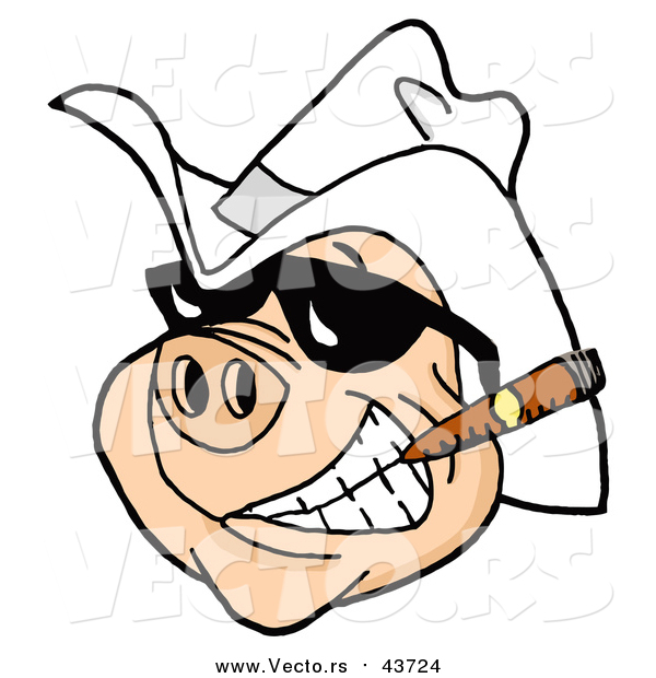 600x620 Vector Of A Grinning Pig Wearing Shades And A Cowboy Hat, Smoking