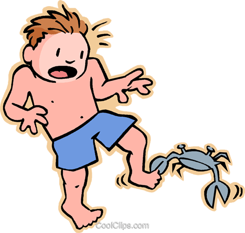 480x456 Crab Biting Boy's Toe, Beach Royalty Free Vector Clip Art