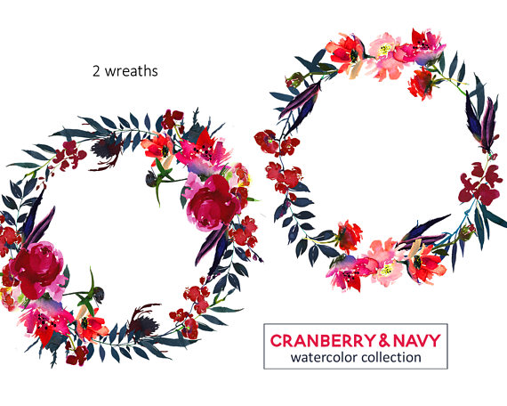 570x456 Red Navy Watercolor Flowers Boho Chic Clipart Tribal Floral