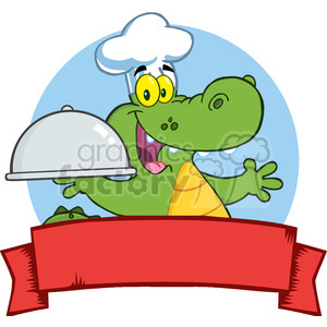 300x300 Royalty Free Happy Crocodile Chef Holding A Platter Over A Blank