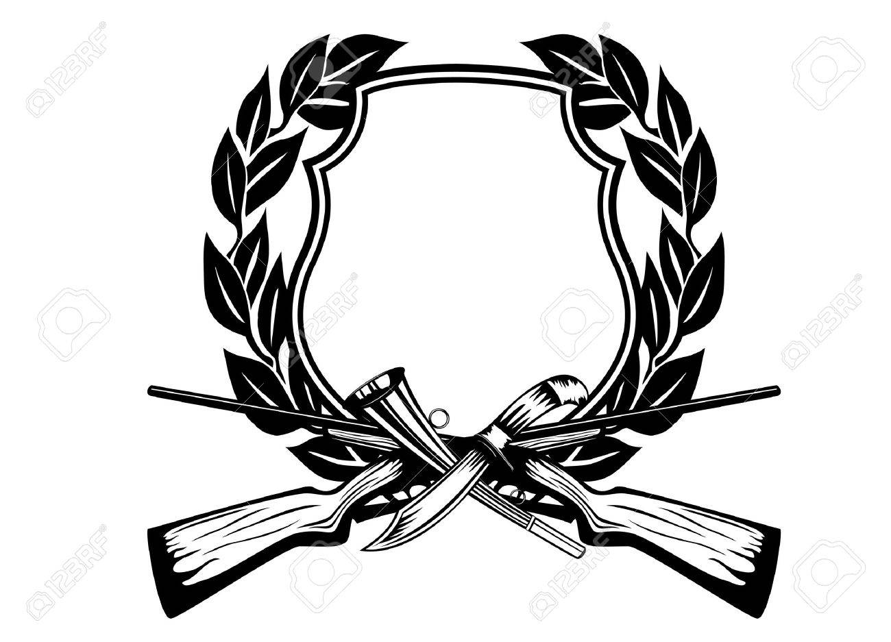 1300x937 Image Board Crossed Guns Knife And Small Horn Royalty Free