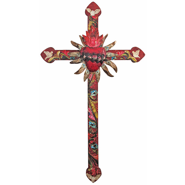 650x650 Large Mexican Painted Wood Cross With Peace Doves And Tin Heart