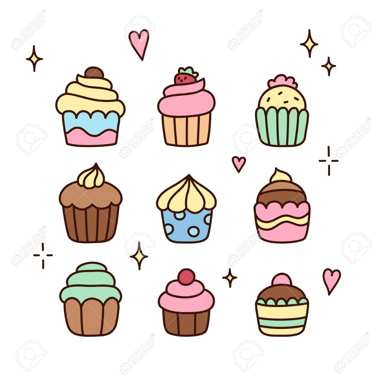 1300x1300 Set Of Doodle Cartoon Cupcakes. Cute Hand Drawn Sketch. Royalty