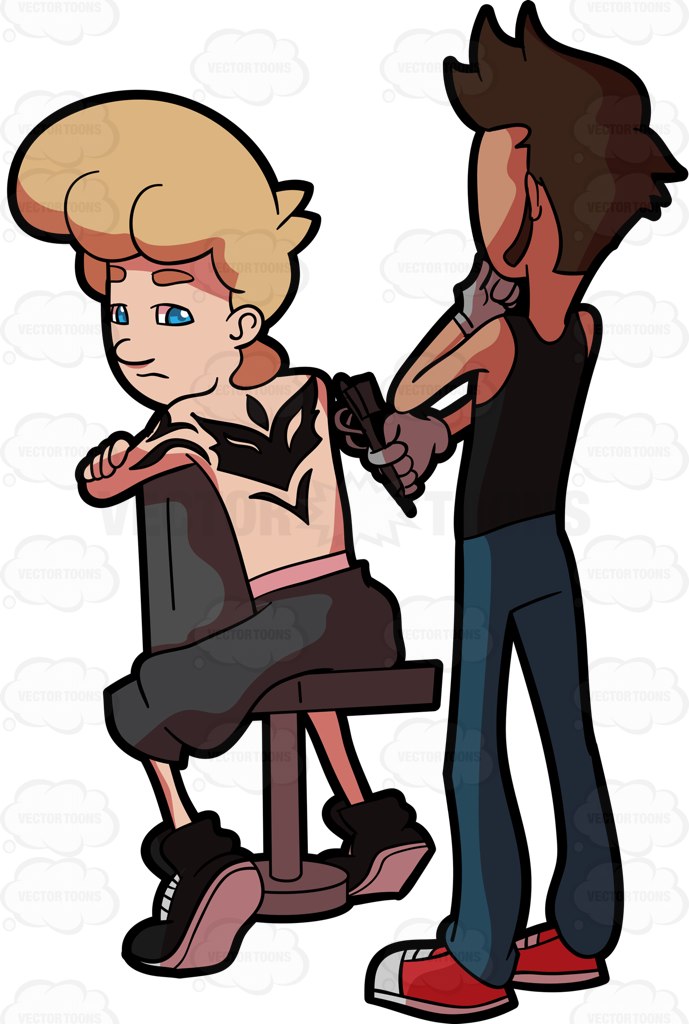 689x1024 A Man Appears Curious After Getting A Tattoo On His Back Cartoon