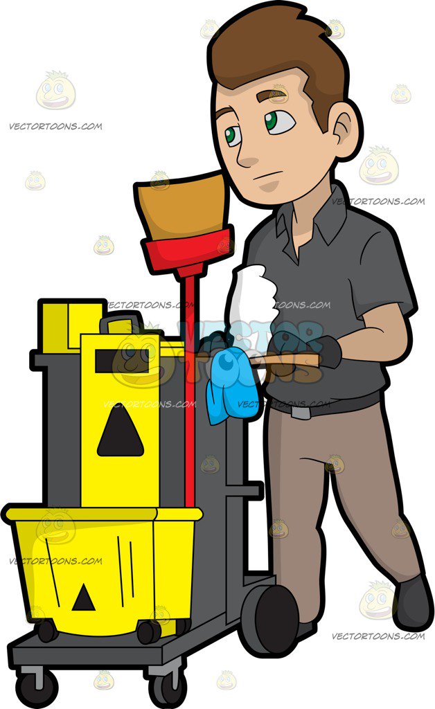 628x1024 A Janitor Pushing His Cleaning Trolley Cartoon Clipart