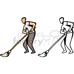 300x300 Royalty Free Cartoon Custodian Pushing A Mop 159647 Vector Clip
