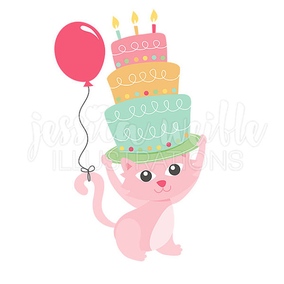570x570 Happy Birthday Kitty Clip Art, Cute Digital Clipart, Birthday Cat
