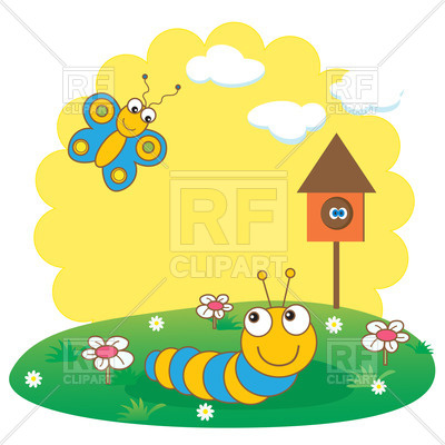 400x400 Cute Spring Card With Caterpillar And Butterfly Royalty Free