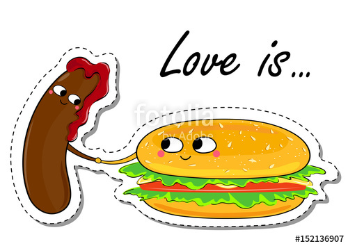 500x354 Love Is Sausage And Burger In Love Sticker. Cute Cartoon Food