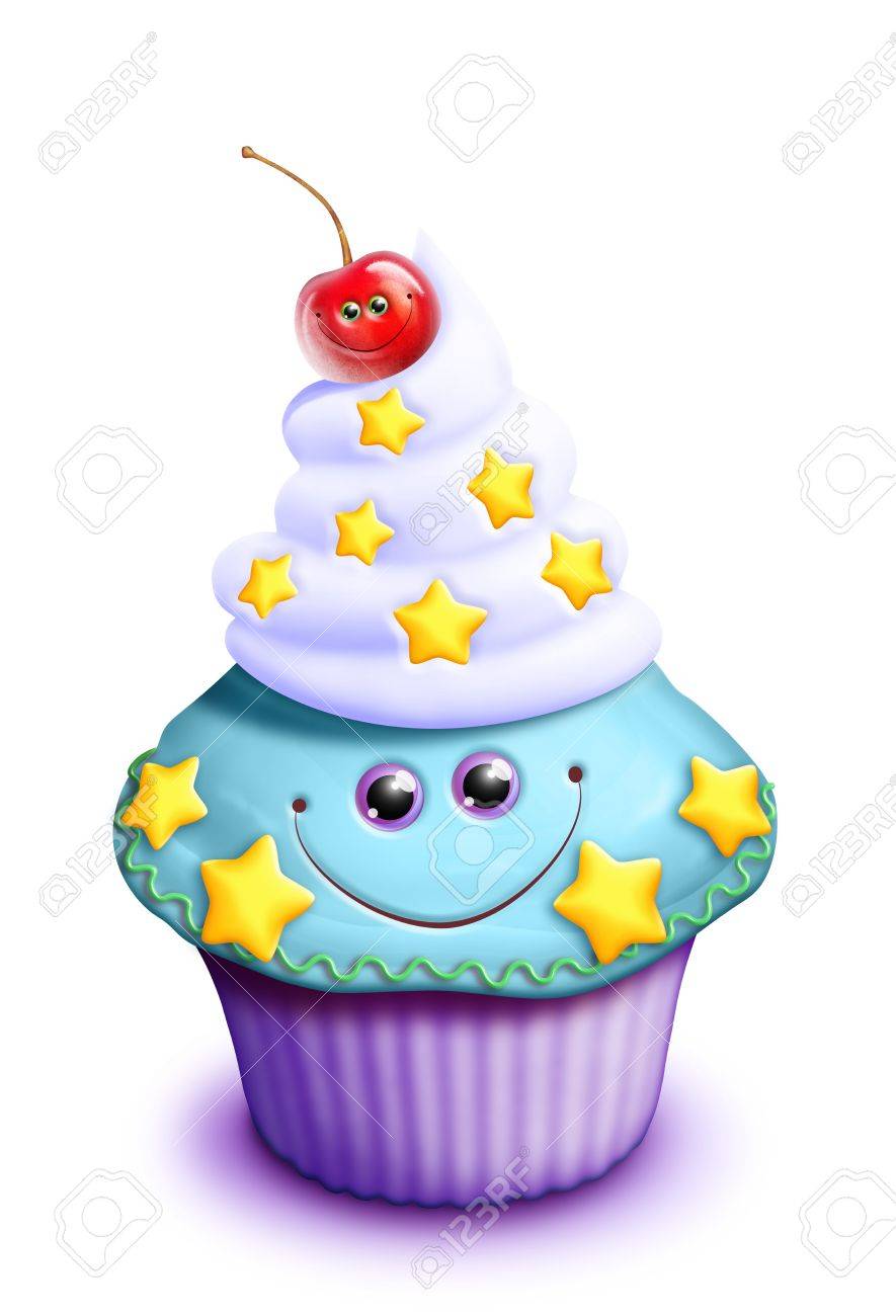 885x1300 Whimsical Kawaii Cute Cartoon Cupcake With Cherry Stock Photo