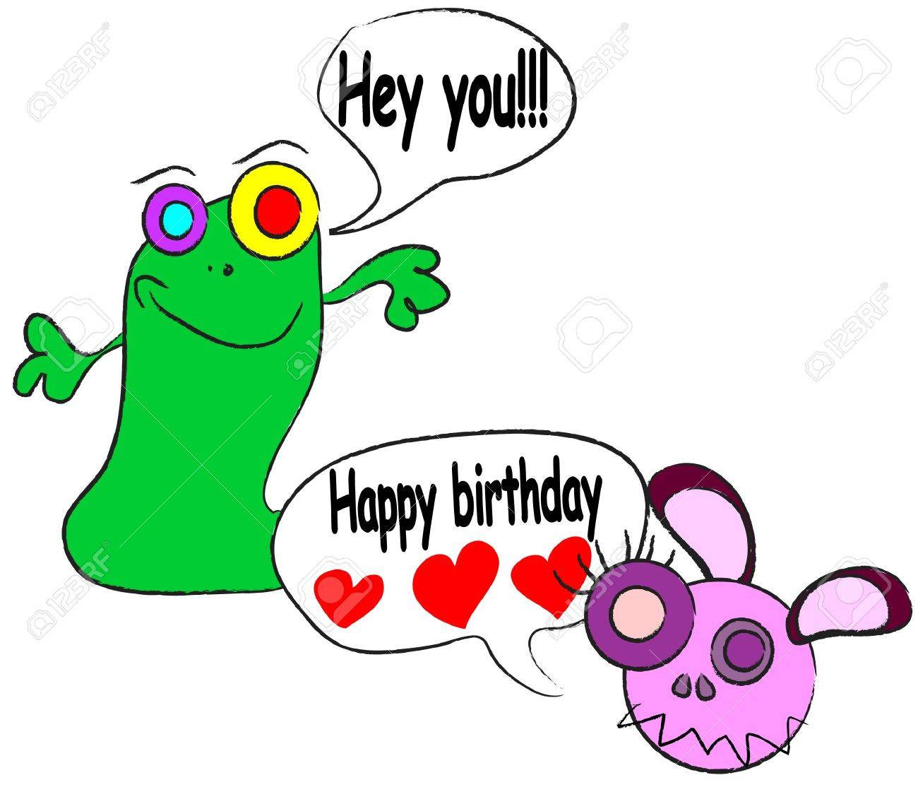 1300x1114 Cute Happy Birthday Card With Funny Alien Monster Illustration