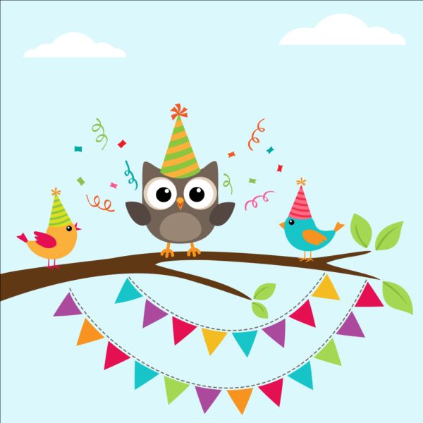 600x600 Happy Birthday Card And Cute Owls Vector 05