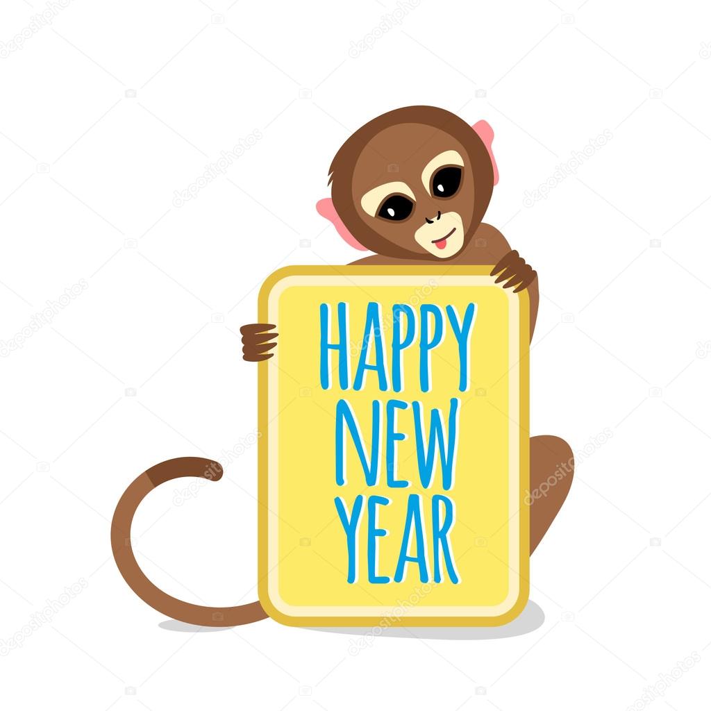 1024x1024 Cute Little Monkey With Happy New Year Card Stock Vector