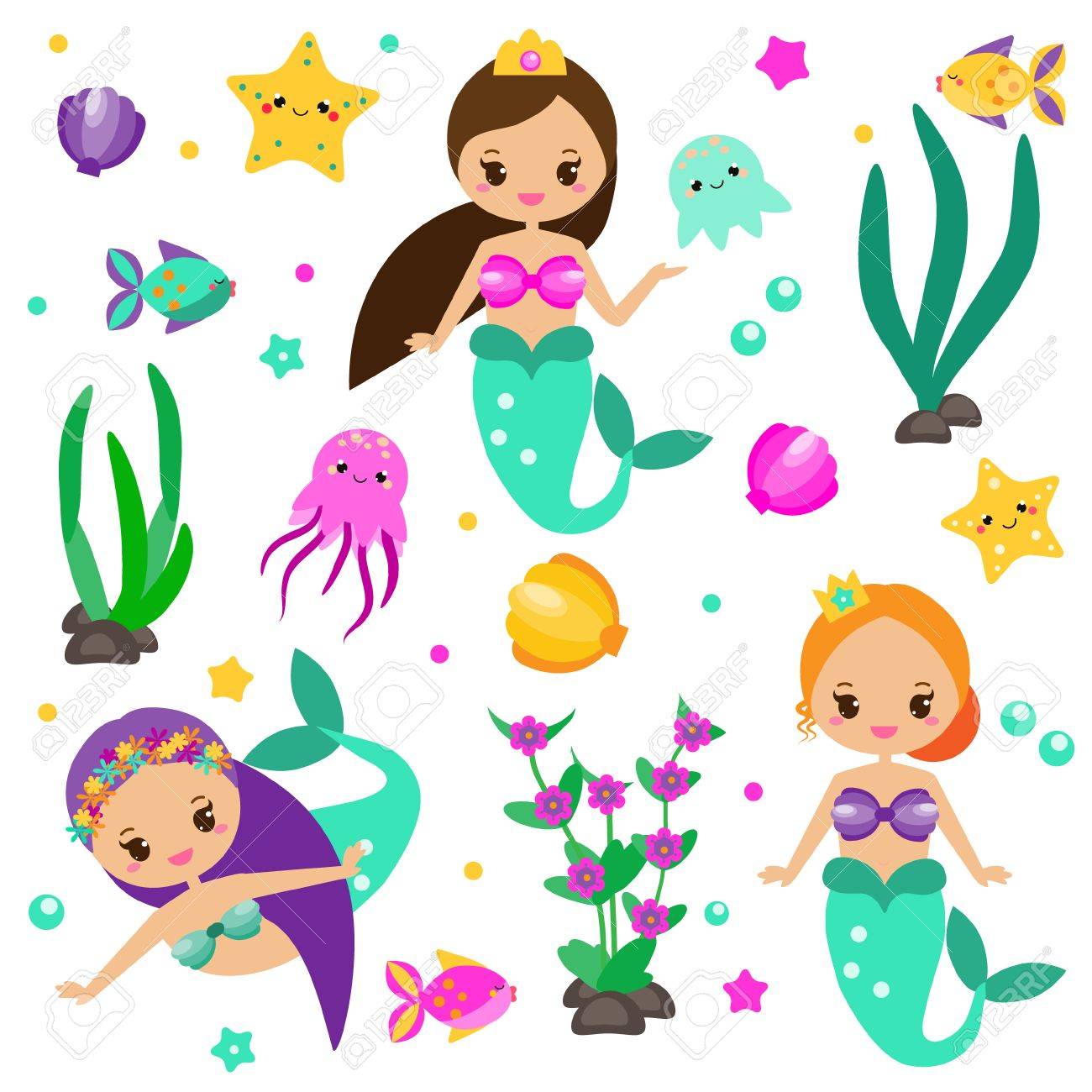1300x1300 Cute Mermaids Set And Design Elements. Stickers, Clip Art