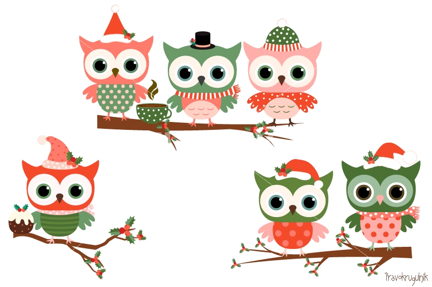 870x579 Christmas Owls Clipart Set, Cute Owl Clip Art, Winter Holiday Owls