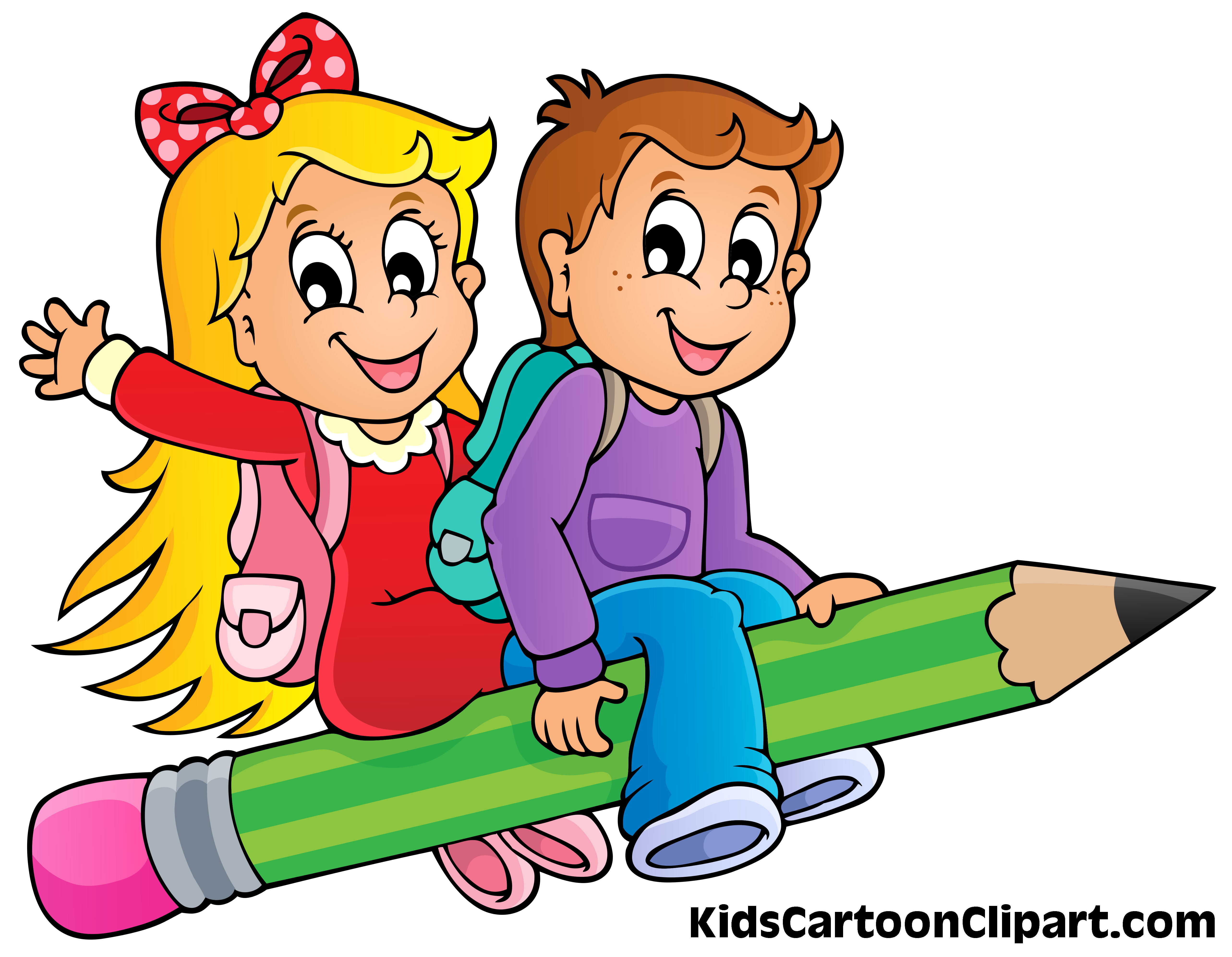 5132x3988 A Cute Boy And Girl Cartoon Flying On Pencil With School Bag