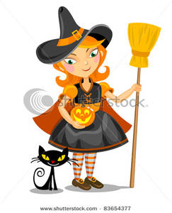 243x300 Cute Cartoon Witch Holding A Pumpkin And Broomstick While Looking