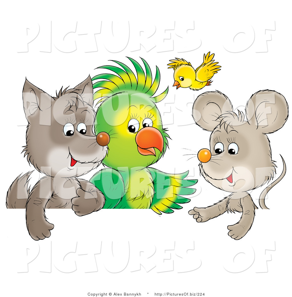 1024x1044 Clipart Of A Cute Baby Wolf, Parrot, Yellow Bird And Mouse