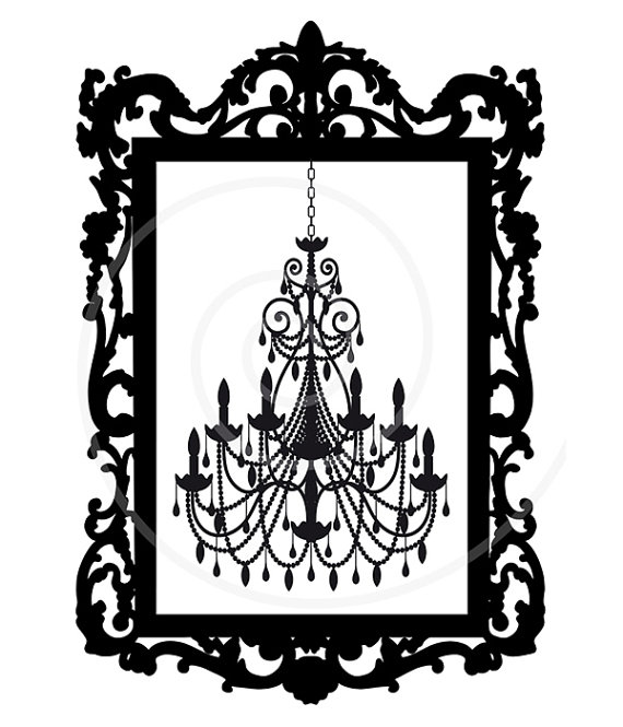 570x665 Vintage Chandelier In Antique Picture Frame, Silhouette, Vector