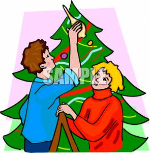 295x300 Couple Decorating A Christmas Tree Clip Art Image