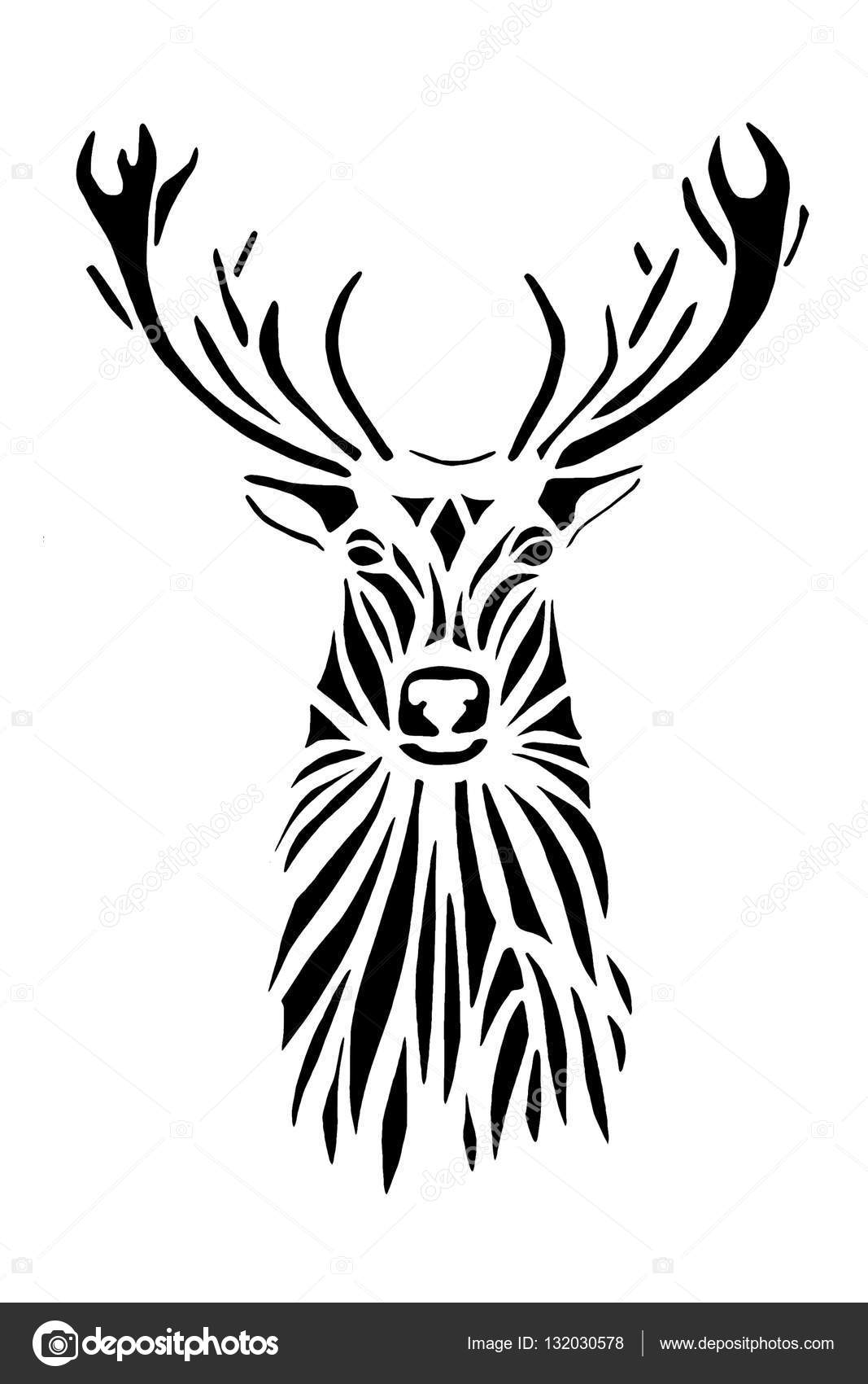 1067x1700 Black Silhouette Face Of Deer On White Background. Stock Photo