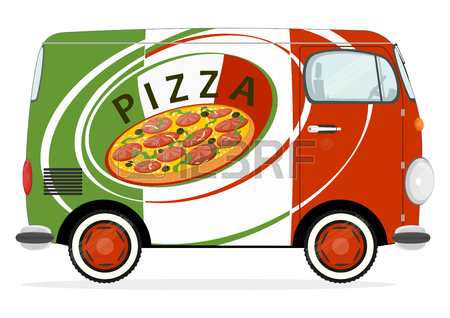 450x318 Funny Cartoon Pizza Delivery Van. Flat Vector Royalty Free