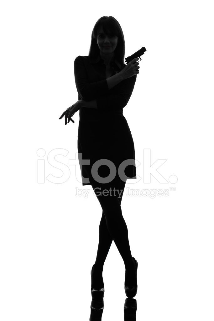 683x1024 Sexy Detective Woman Holding Aiming Gun Silhouette Stock Photos