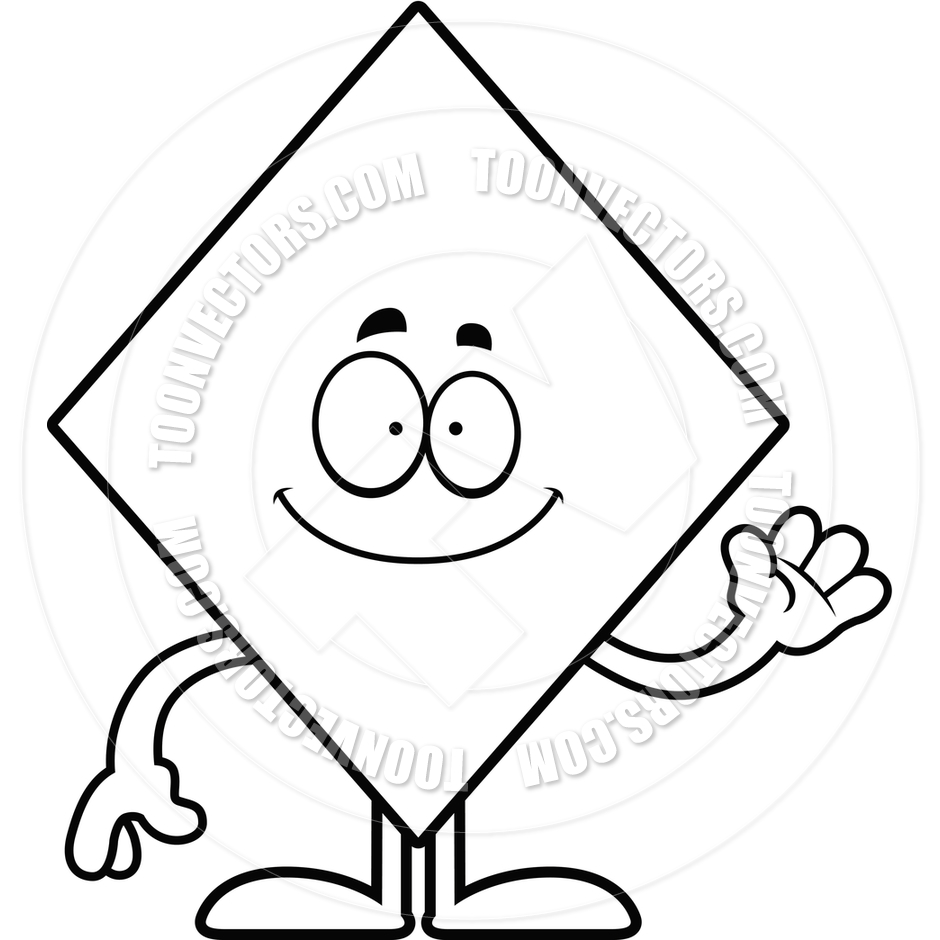 940x940 Cartoon Card Suit Diamond Waving (Black And White Line Art) By