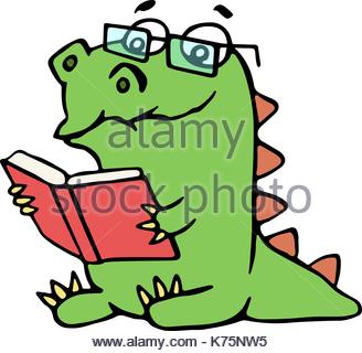 328x320 A Cartoon Dinosaur Reading A Book On A Rock Stock Vector Art