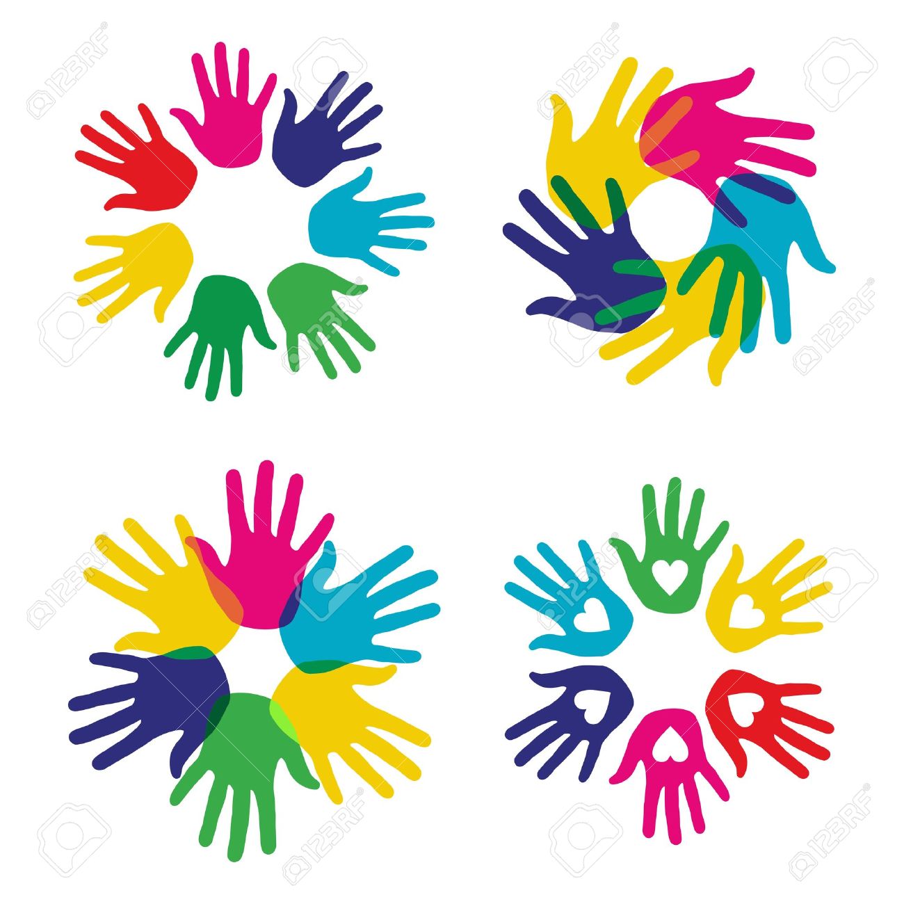 1300x1300 Multicolor Creative Diversity Hands Symbols Set. Vector