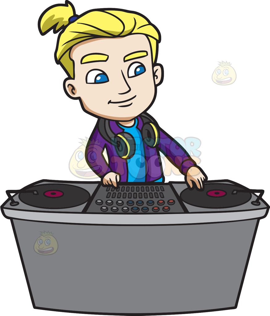 874x1024 A Sleek Dj Mixing Music Cartoon Clipart