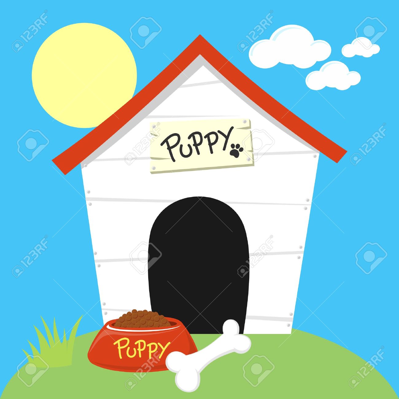 1300x1300 Cute Dog House With Dog Food Bowl And Bone Royalty Free Cliparts