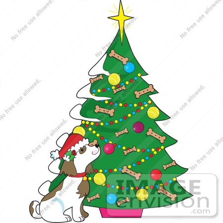 450x450 Clip Art Graphic Of A Dog By A Christmas Tree With Doggy Biscuits