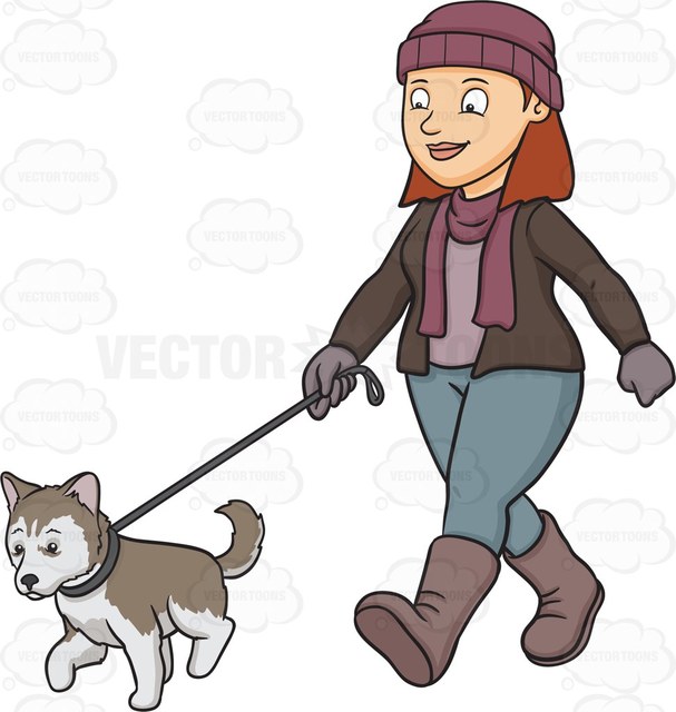 607x640 A Woman Walking Her Siberian Husky Puppy Cartoon Clipart