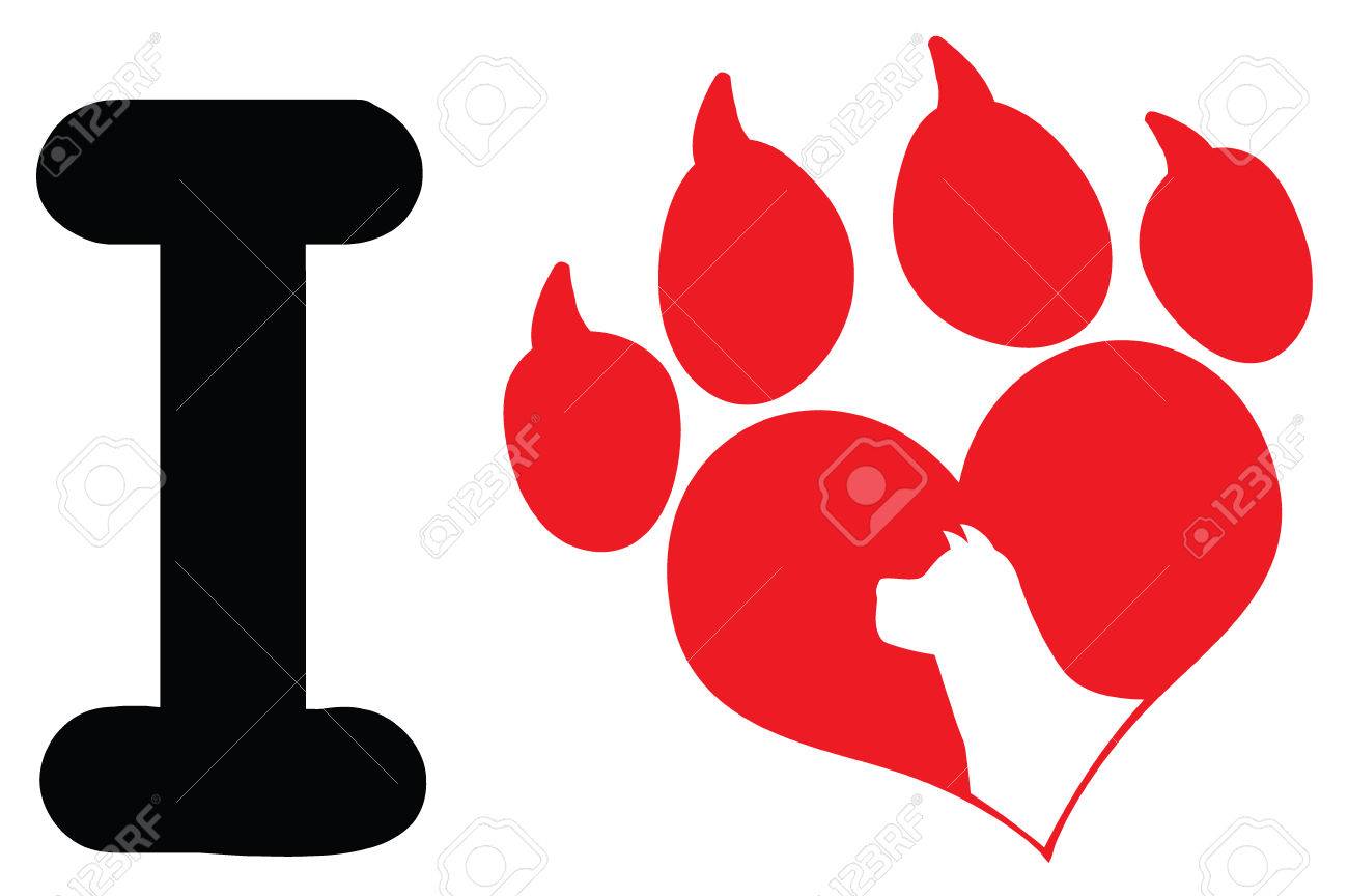 1300x864 I Love With Red Heart Paw Print With Claws And Dog Head Silhouette