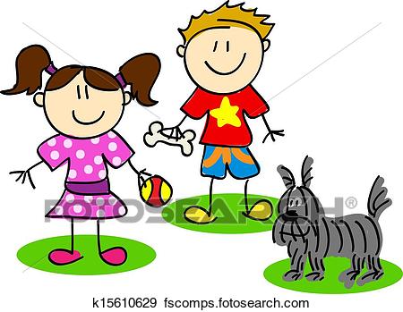 450x349 Clip Art Of Stick Figures With Dog K15610629