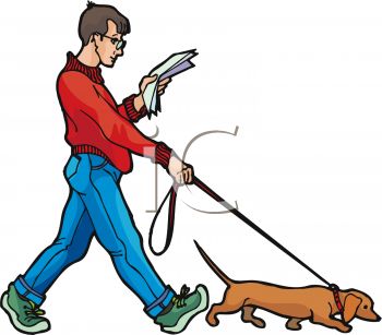 350x307 Man Walking A Dog While Reading The Paper