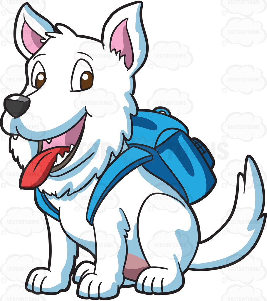 909x1024 A Small White Dog With A Backpack Cartoon Clipart