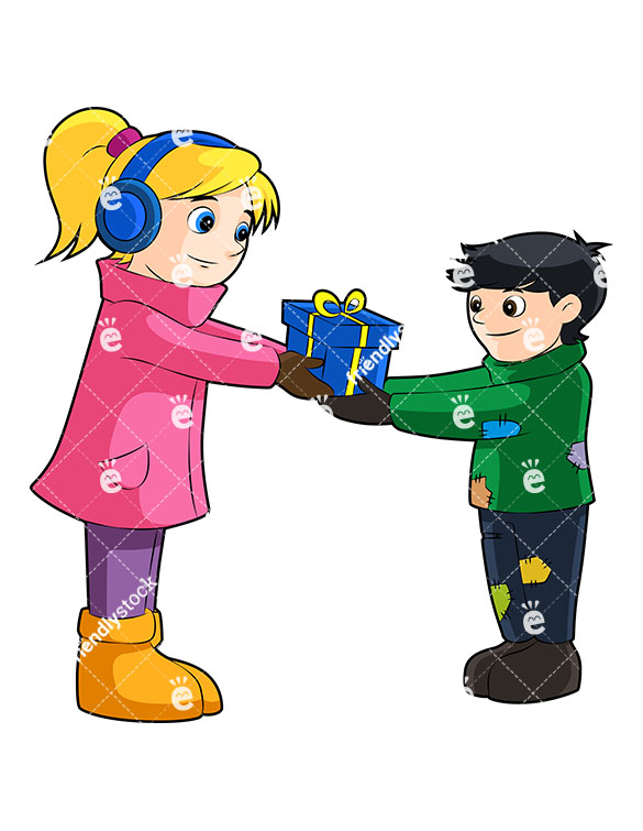 585x755 Little Girl Giving Away Her Present To A Poor Boy In Christmas